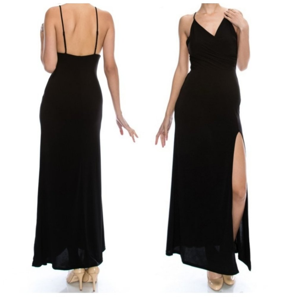 Janette Fashion Black Silhouette Spaghetti Strap Maxi Evening Maxi Dress